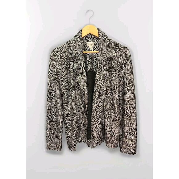 Chico's Black Metallic Silver Jacket Zip Zebra Size 1 Medium stretch Pockets - Picture 1 of 15